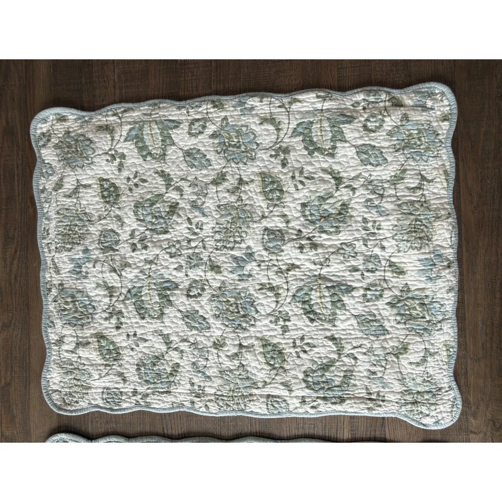 Home Classics Set of 2 Quilted Pillow Shams Floral Blue Green Cotton Standard